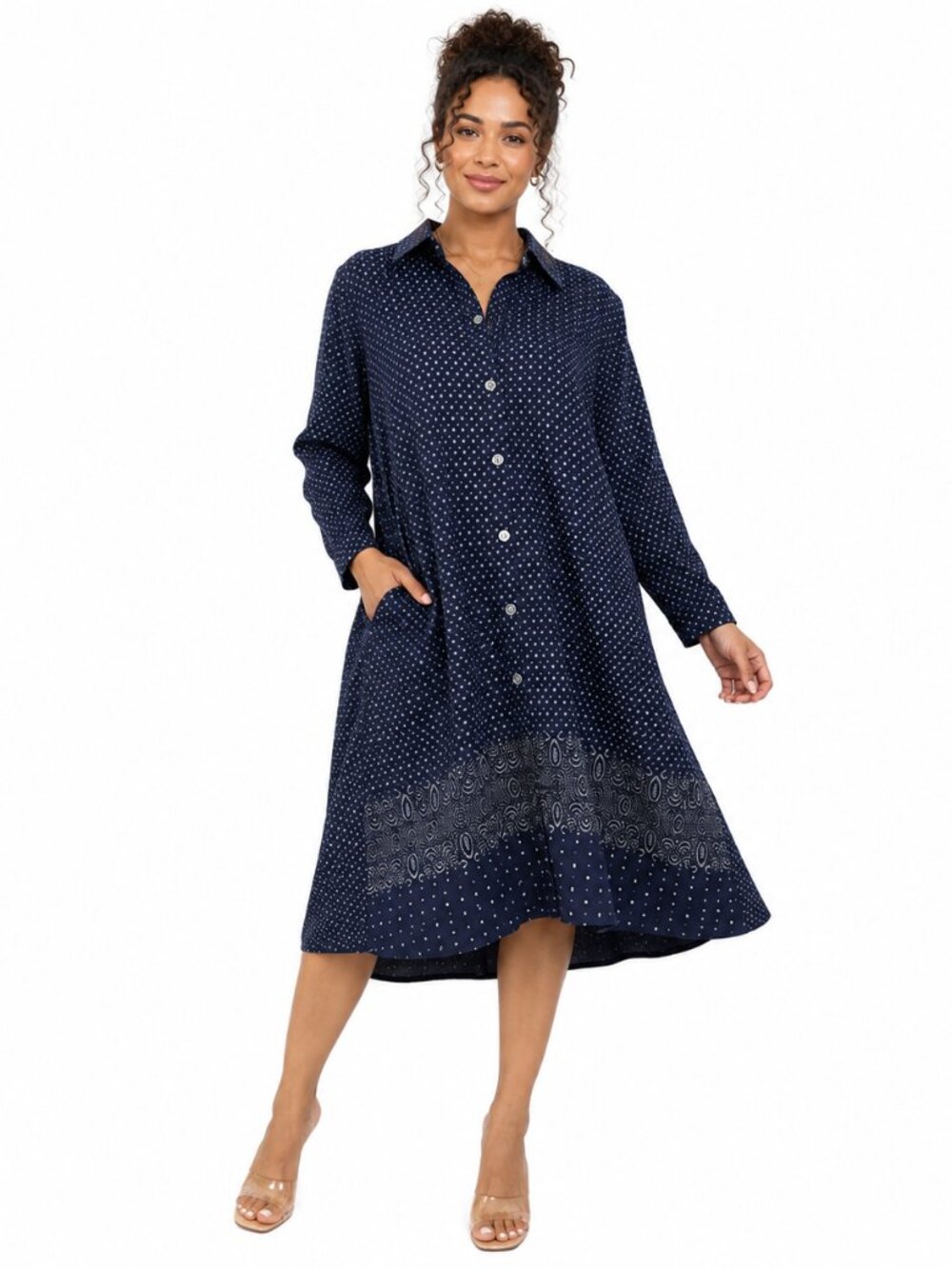 Women’s Navy Blue Printed Button-Front Shirt Dress – Long Sleeve Cotton Midi